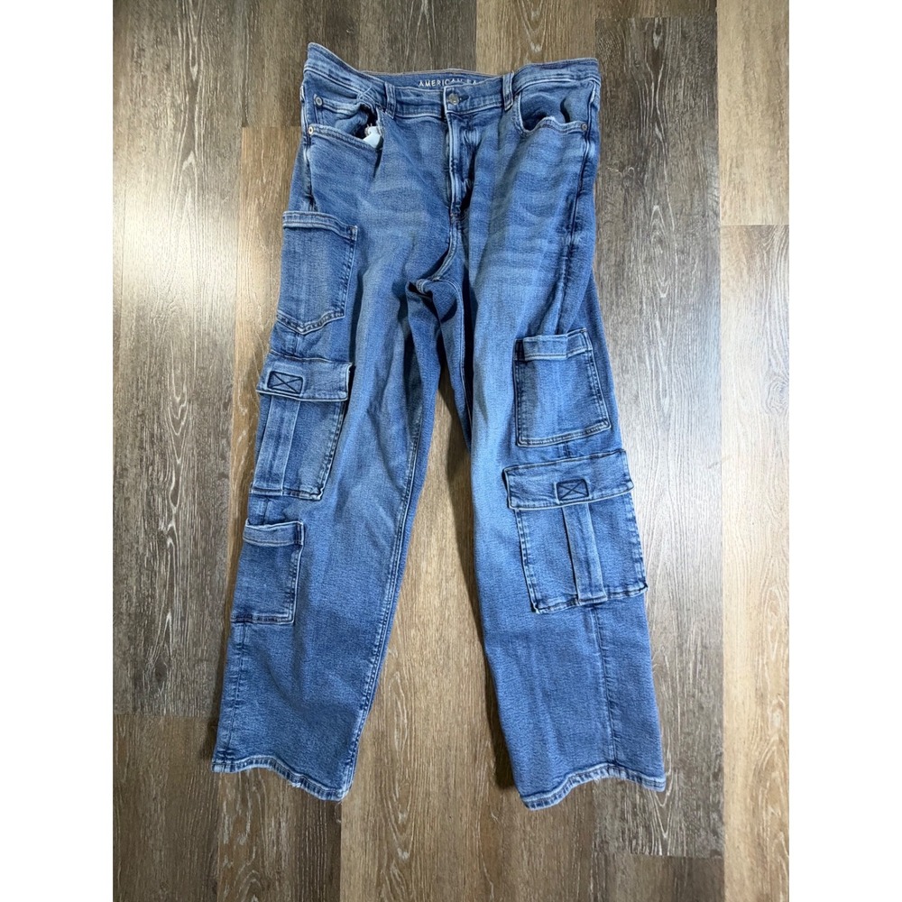 American Eagle Cargo Jeans Womens 14 Blue Super High Rise Baggy Straight Stretch